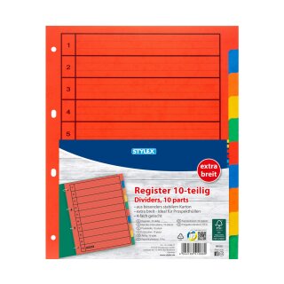 Register Trennblätter A 4 - extra breit  , gelocht -  farblich sortiert im  10er Pack