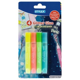 Glitter Glue  4er Pack " Glow in dark " 4 x 10 g , farblich sortiert auf Blisterkarte
