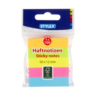 Haftnotizen farbig - 50 mm x 12 mm - 5 x 100 Blatt