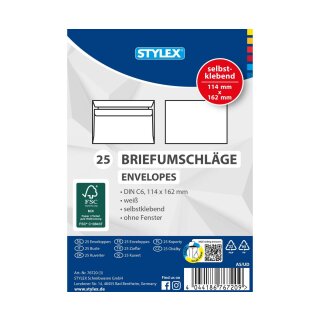 Briefumschläge  C6 selbstklebend  ohne Fenster , weiß -  25er Pack