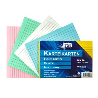 Karteikarten  A6 linert, farbig sortiert, beidseitig bedruckt,100er Pack