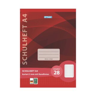Schulheft  A4 - 16 Blatt  Lineatur Nr. 28 / kariert 5 x 5 mm, mit Doppelrand