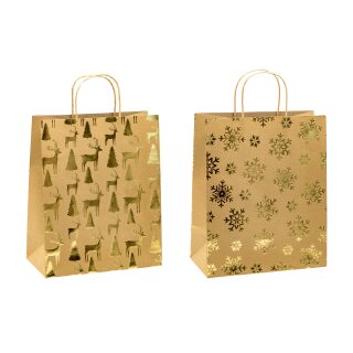 Weihnachten  Geschenktüte  Kraftpapier - Golddruck 32 cm x 26 cm x 13,5 cm - A4 , sortiert